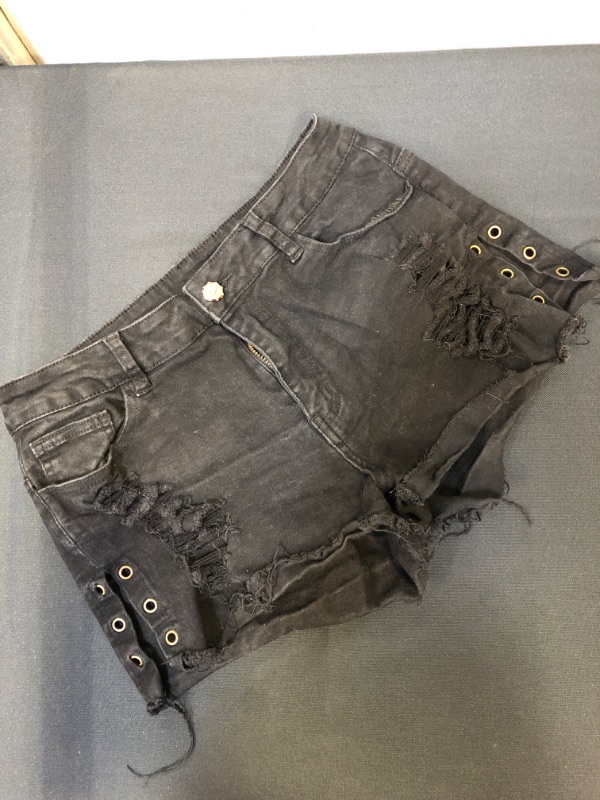 Photo 1 of  Women's High Waisted Raw Hem Distressed Ripped Casual Denim Shorts (SIZE L) (BLACK) 