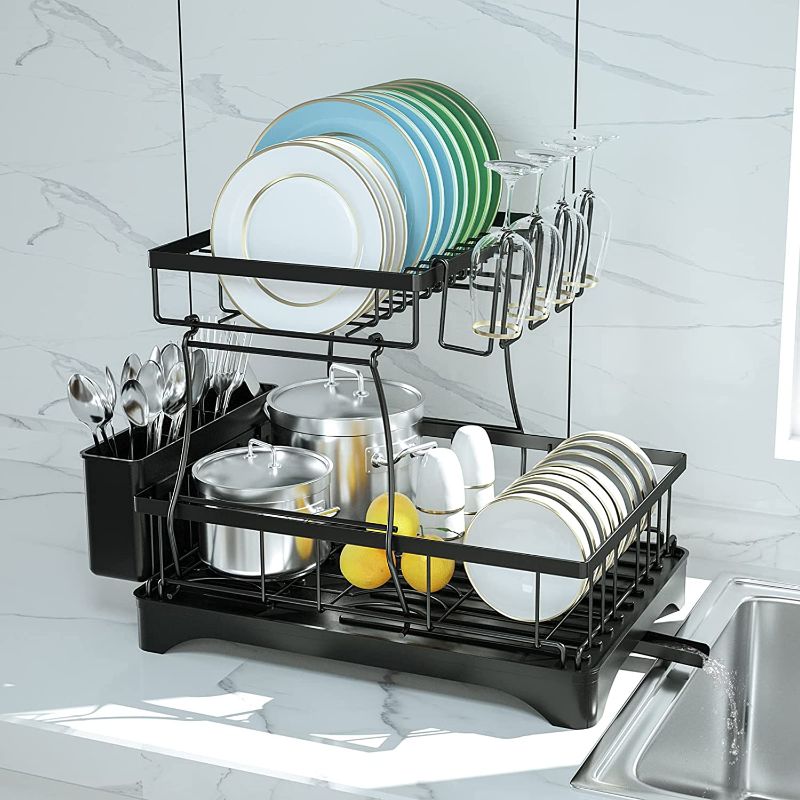 Photo 2 of 2 Tier Dish Drying Rack for Kitchen Counter, Aredy Black Metal Dish Drainers Rack with Drainboard, Large Dish Dryer with Detachable Cup Rack and Utensil Holder