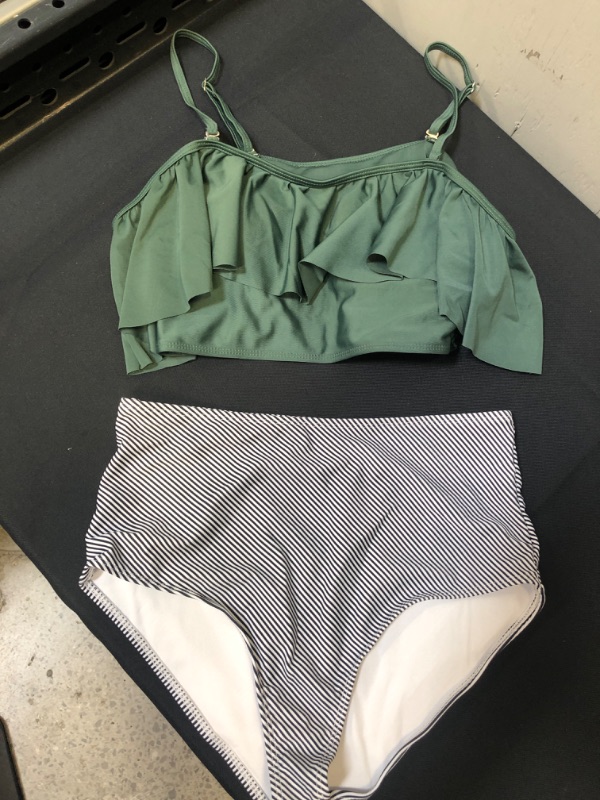 Photo 1 of 2 PC SWIMSUIT, SIZE M, GREEN TOP WITH PIN STRIPPED BOTTOMS