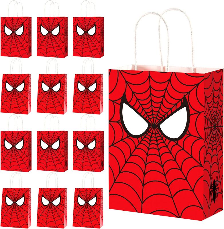 Photo 1 of 16 Pcs Hero Party Treat Bags with Handles,Large Thick Kraft Double Sided Spider Web Printed Durable Gift Goodie Treat Candy Bags for Kids Boys Hero Theme Spider Birthday Party Supplies and Decorations
