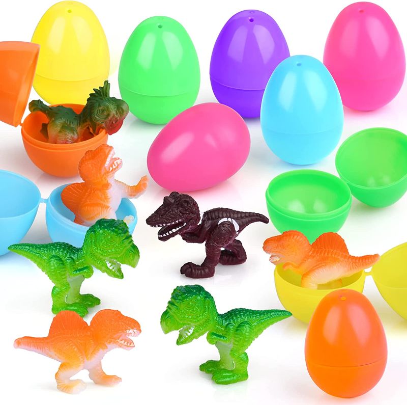 Photo 1 of Auney Easter Eggs Filled with Dinosaur Toys, 12 Pcs Plastic Easter Eggs with Toys, Easter Party Favor Basket Fillers for Kids Toddlers Boys Girls
