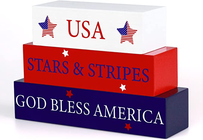 Photo 1 of 4th of July Patriotic Decorations- 3Pcs Wooden Block Signs Table Decor Tiered Tray Decoration- USA, Stars & Stripes, God Bless America Wooden Signs for Patriotic Party Home Farmhouse Tabletop Mantel

