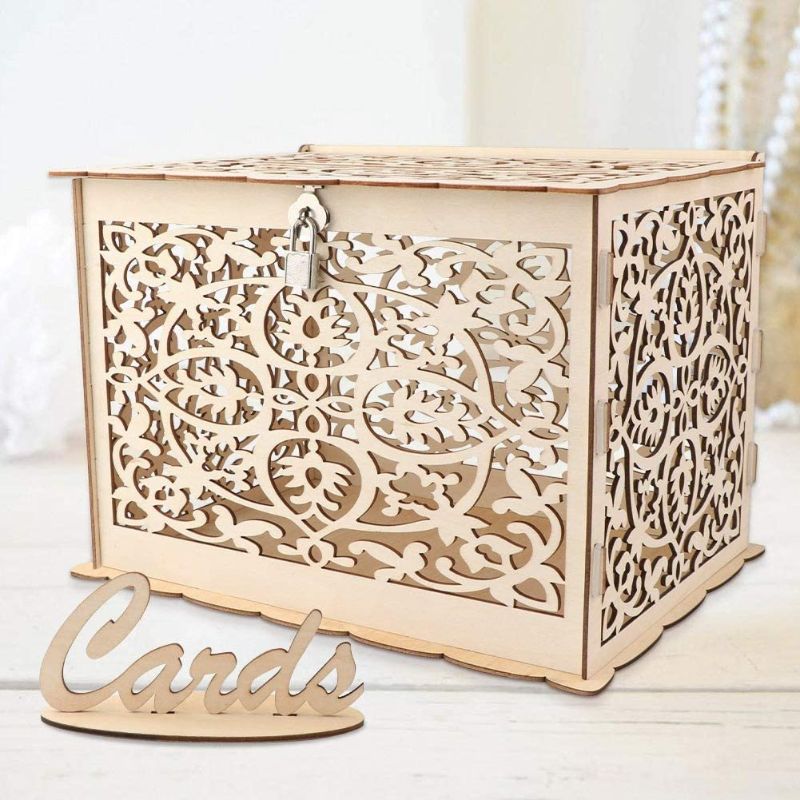 Photo 1 of OurWarm DIY Wedding Card Box with Lock Rustic Wood Card Box Gift Card Holder Card Box Perfect for Weddings, Baby Showers, Birthdays, Graduations Hold up 225 Cards
