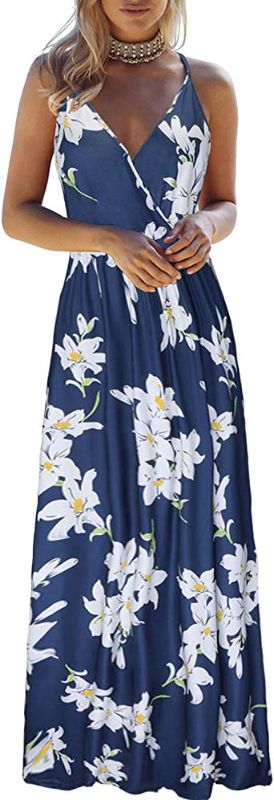 Photo 1 of OUGES Womens Summer Deep V Neck Floral Adjustable Spaghetti Strap Beach Maxi Dress. Large
