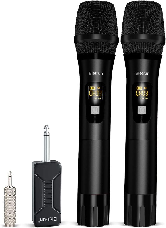 Photo 1 of Bietrun Wireless Microphone, 160 ft Range, UHF Metal Dual Handheld Dynamic Mic Karaoke System with Rechargeable Receiver, 1/4‘’?1/8‘’Output, for Amplifier, PA System, Party Singing, Karaoke, Church
