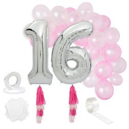 Photo 1 of Sparkle and Bash 39 Pieces 16th Birthday Party Decorations, Number 16 Balloons with Tassel Tail

