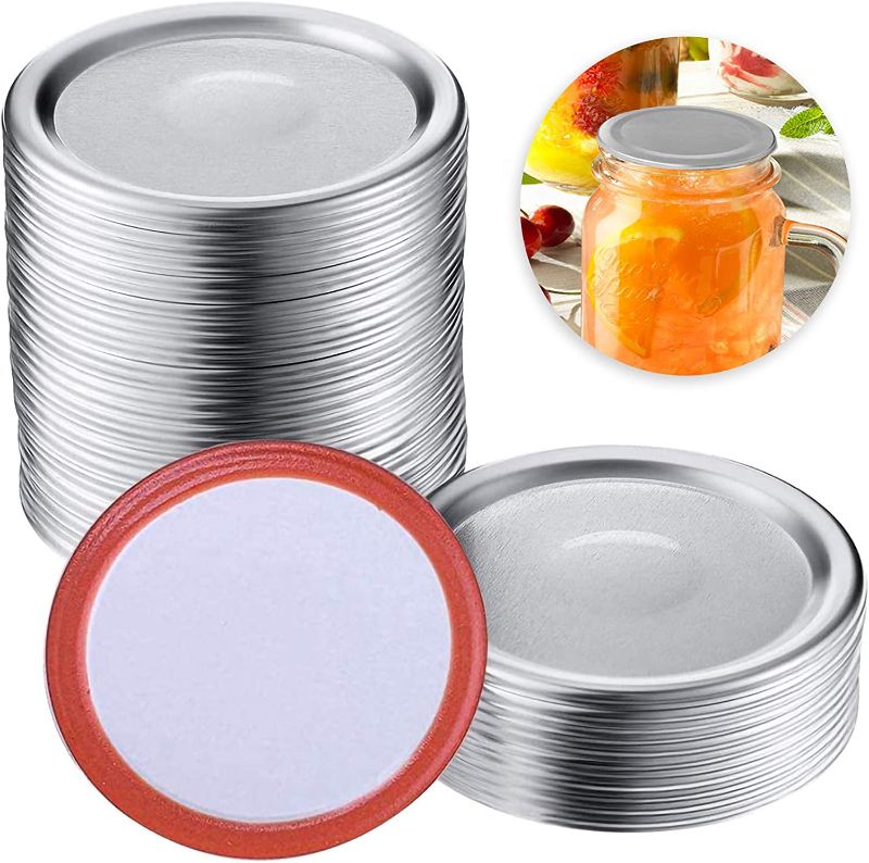 Photo 1 of 100 Pcs Mason Jar Lids, Wide Mouth Canning Lids,86MM Mason Jar Canning Lids, Reusable Leak Proof Split-Type Lids with Silicone Seals Rings
