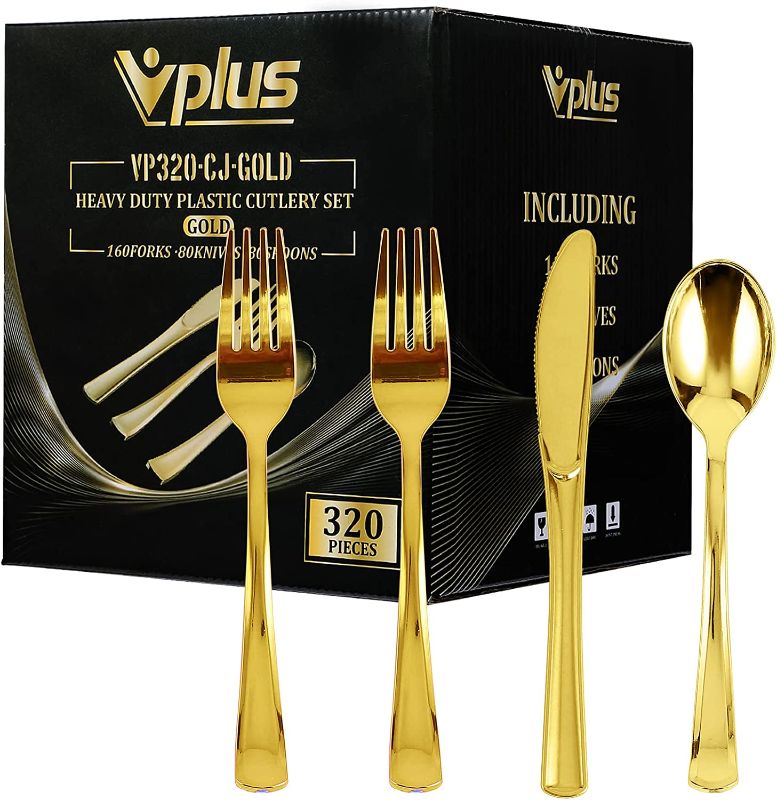 Photo 1 of 320 Gold Plastic Silverware Set - Plastic Cutlery Set - Disposable Flatware - 160 Plastic Forks, 80 Plastic Spoons, 80 Cutlery Knives Heavy Duty Silverware for Party Bulk Pack

