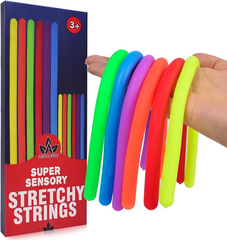 Photo 1 of A AINOLWAY 12 Pcs Stretchy Noodles Fidget Strings Sensory Anxiety Relief Toy, Include 2 Different Size (12PCS)
