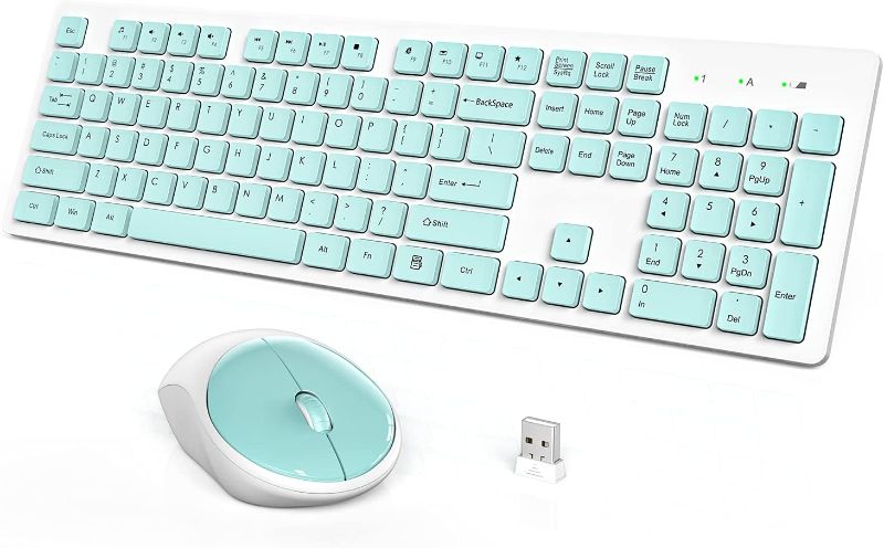 Photo 1 of Wireless Keyboard and Mouse, WisFox Full-Size Wireless Mouse and Keyboard Combo, 2.4GHz Silent USB Wireless Keyboard Mouse Combo for PC Desktops Computer, Laptops, Windows (Mint Green and White)
