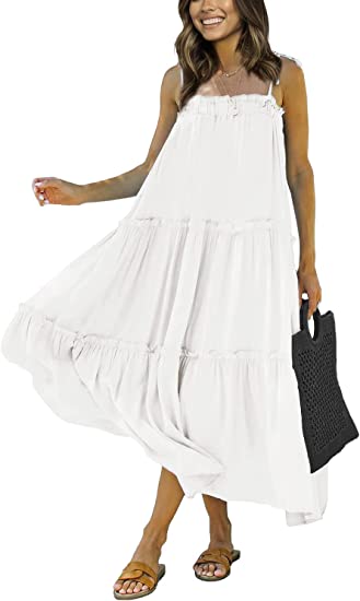 Photo 1 of BTFBM Women's Summer Adjustable Spaghetti Strap Sleeveless Dresses Casual Loose Tiered Ruffle Cami Beach Long Maxi Dress. SIZE S 
