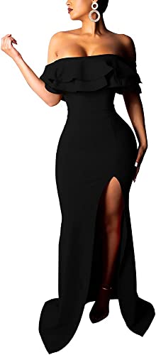 Photo 1 of LAGSHIAN Women's Sexy Off Shoulder Ruffle High Split Long Party Dress Evening Gown. SIZE XL 
