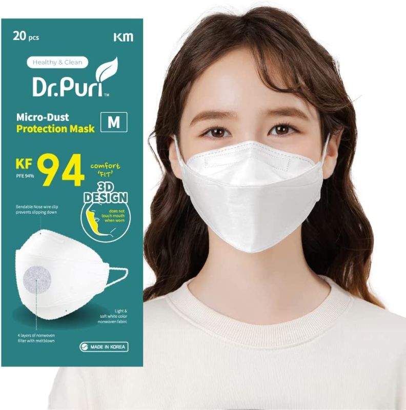 Photo 1 of [20 Pack] Dr.Puri New Micro-Dust Protection Face Premium Mask (KF94) White Medium. MISSING 1, 19 IN TOTAL
