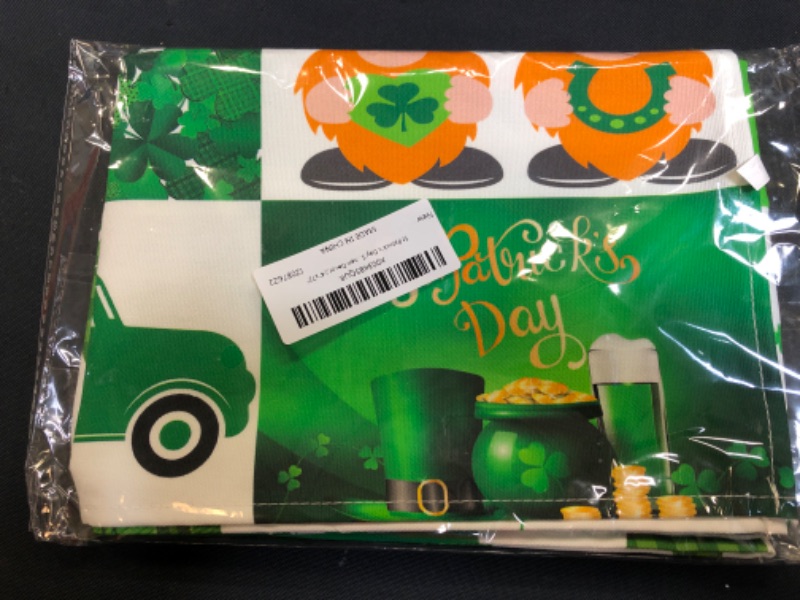 Photo 2 of 14"x70" St.Patrick's Day Shamrockon Table Runner Green White Check Plaid Cotton Canvas Table Runners Leprechaun Gold Coins Trucks Water-Proof Rectangle Tablecloths for Spring Holiday Kitchen Decor
