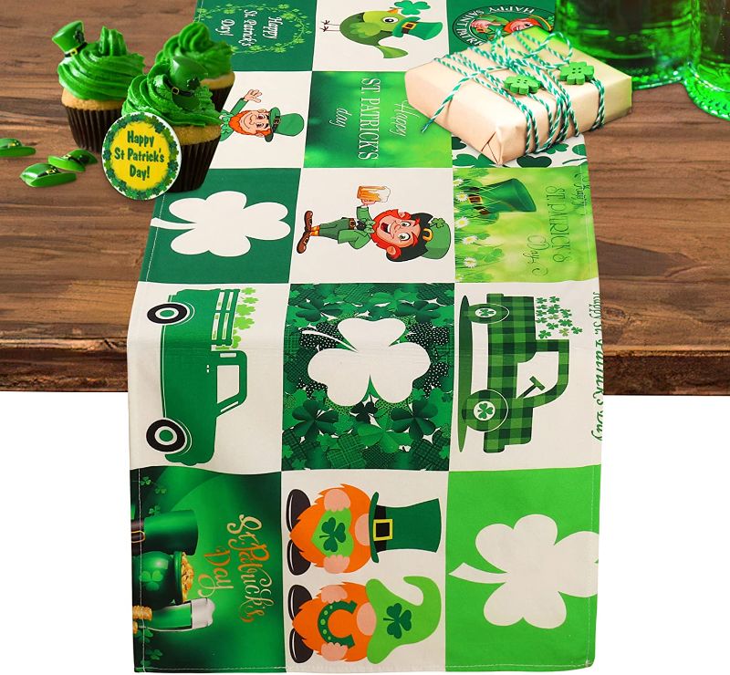 Photo 1 of 14"x70" St.Patrick's Day Shamrockon Table Runner Green White Check Plaid Cotton Canvas Table Runners Leprechaun Gold Coins Trucks Water-Proof Rectangle Tablecloths for Spring Holiday Kitchen Decor
