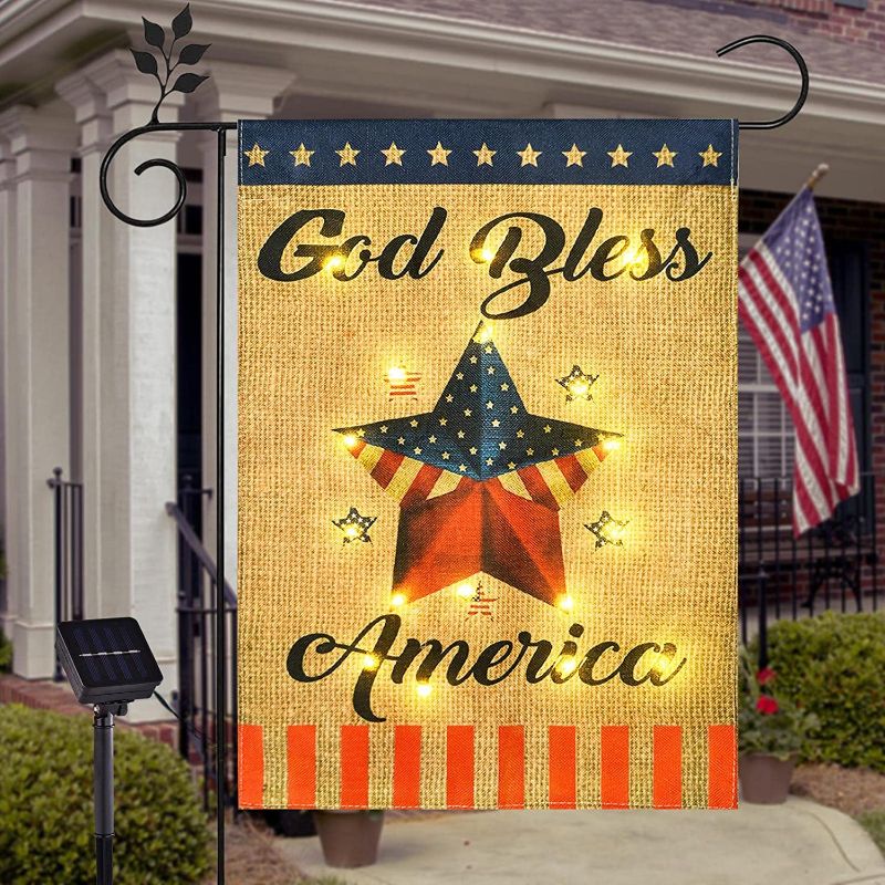 Photo 1 of COVBOARD Patriotic Lighted Garden Flag God Bless America Double Sided, Battery Operated, 4th of July Memorial Day Garden Yard Holiday Outdoor Flag 12" x 18"(Stand NOT Included)
