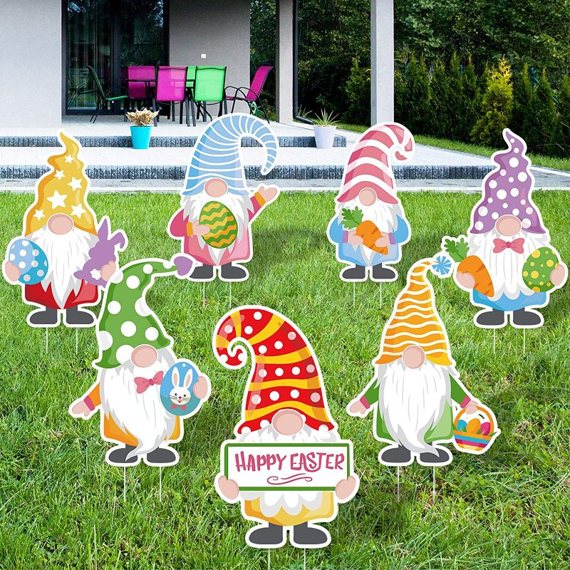 Photo 1 of Zonon 7 Pieces Easter Gnomes Yard Signs Gnomes Bunny Eggs Yard Signs with 14 Stakes for Easter Day Large Outdoor Lawn Garden Decorations. 2 COUNT
