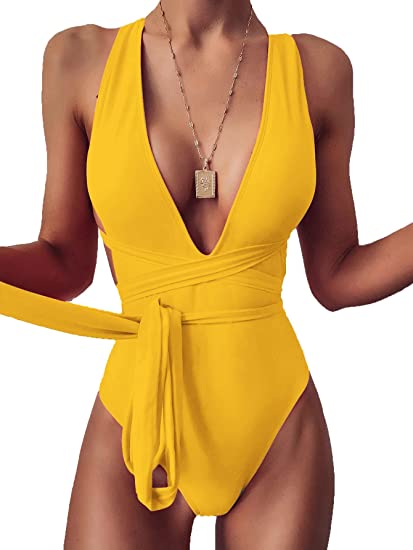 Photo 1 of Lilosy Sexy Tie Criss Cross Plunge One Piece Thong Swimsuit High Cut Brazilian Bathing Suit
