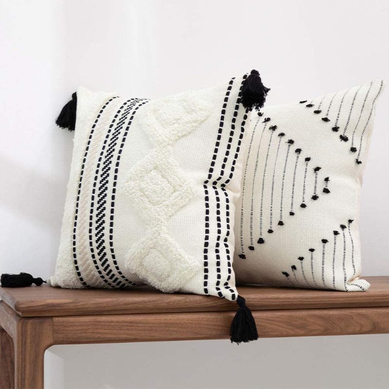 Photo 1 of blue page Boho Throw Pillow Covers, Black and Cream White, Set of 2 Modern Farmhouse Accent Home Decor, Neutral Woven Decorative Pillow Covers for Couch/Bed (18 x 18 Inches, Ivory/Black)
