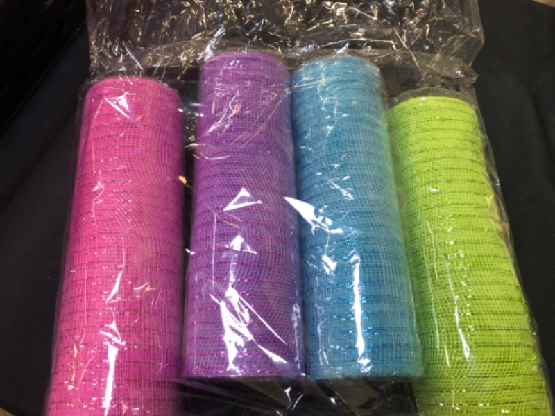 Photo 2 of 4 Rolls Deco Mesh Ribbon 10 inch x 30 feet Each Roll, Poly Mesh Metallic Foil Ribbon Easter Ribbon for Wreath Decoration DIY Crafts Making Supplies (GreenPurplePinkBlue)
