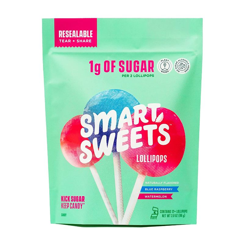 Photo 1 of 2 PACK SmartSweets Lollipops, Blue Raspberry & Watermelon, Hard Candy with Low Sugar (1g), Low Calorie (60), No Artificial Sweeteners, Vegan, Gluten-Free, Non-GMO, Healthy Snack for Kids & Adults, 3oz
--- BB 8 18 2022