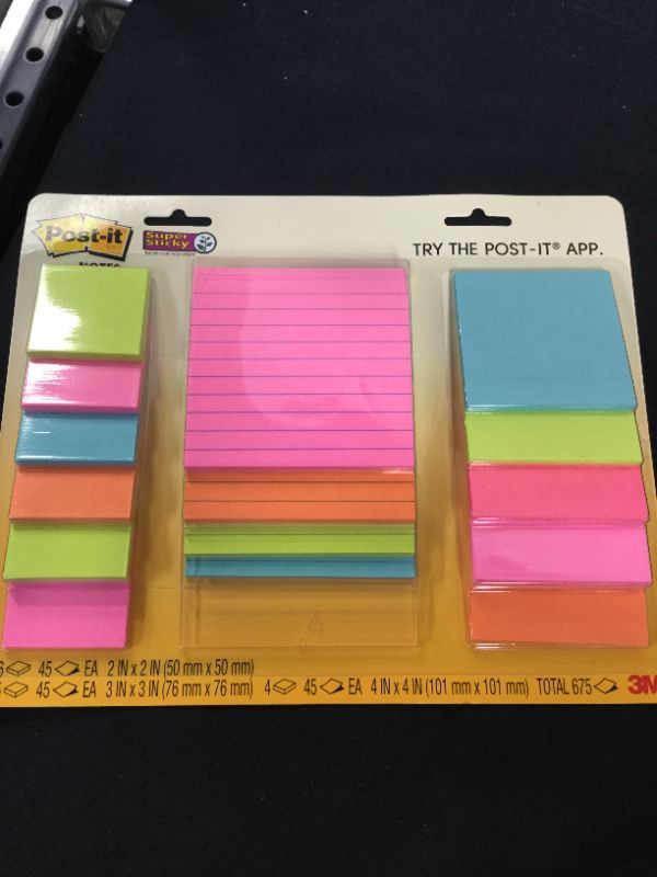 Photo 2 of Post-it Super Sticky Notes, Assorted Sizes, 15 Pads, 2x the Sticking Power, Miami Collection, Neon Colors (Orange, Pink, Blue, Green), Recyclable (4423-15SSMIA)
--- factory sealed --- 