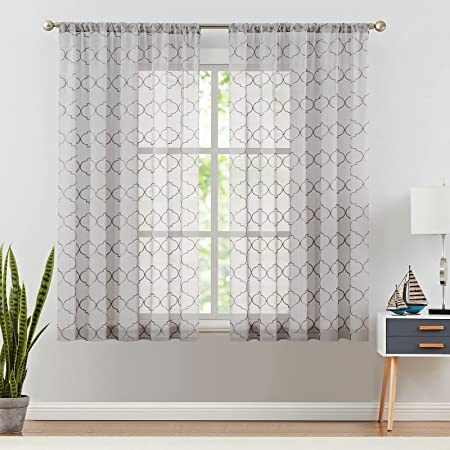 Photo 1 of Dove Gray Sheer Curtains for Living Room Diamond Embroidered Window Curtains Rod Pocket Curtain for Bedroom 1 Pair 55 x 63 Inch
