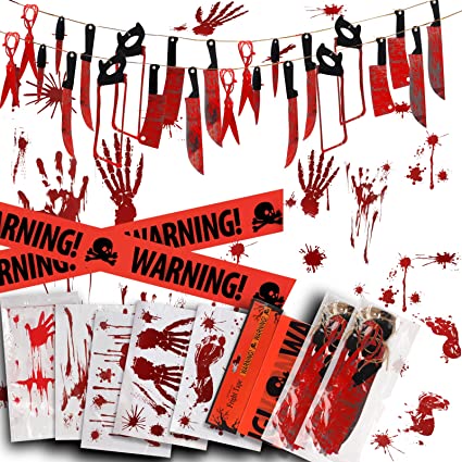 Photo 1 of 9 Sets Halloween Decorations 24pcs Bloody Hanging Banner Scary Plastic Tablecloth Blood Handprints and Footprints 2 Warning Tape Scary Party Decoration Sets
