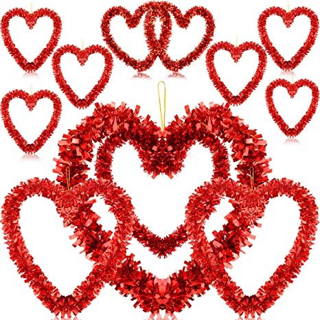 Photo 1 of 9 Pieces Red Valentine Heart Shaped Wreaths Tinsel Heart Shaped Wreaths Red Foil Wreaths for Valentine's Day Wedding Propose Holiday Party Front Door Wall Window Decorations
