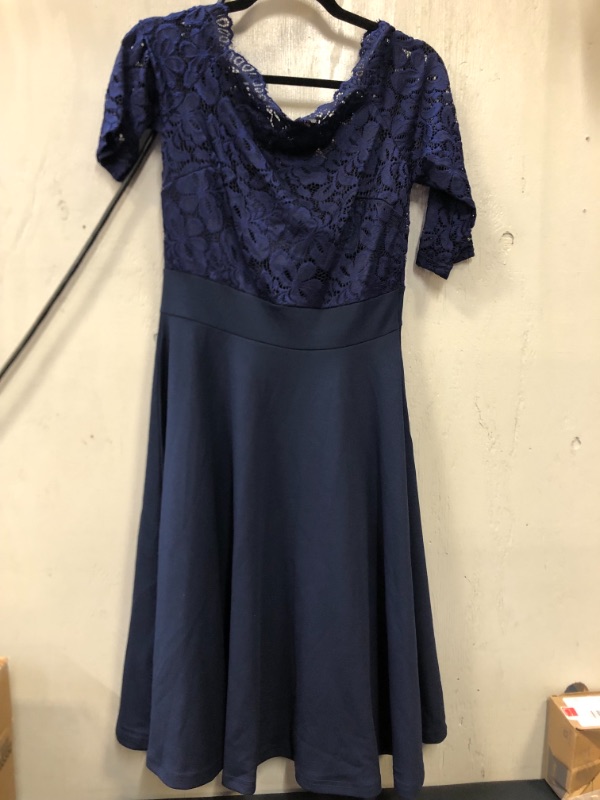 Photo 3 of MISSMAY Women's Vintage Floral Lace Half Sleeve Boat Neck Formal Swing Dress Color- Navy Blue  Size L ---- factory sealed, open for photos ---- 
