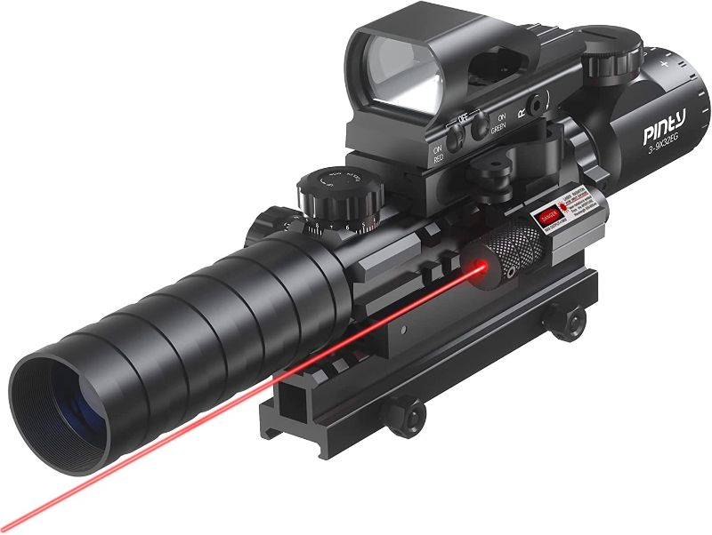 Photo 1 of Pinty Rifle Scope 3-9x32 Rangefinder Illuminated Reflex Sight 4 Reticle Red Dot Laser Sight with 14 Slots 1 inch High Riser Mount
