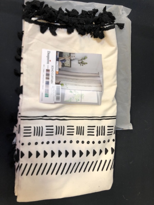 Photo 1 of Bohemian Cotton Linen Window Curtain Panel with Tassels Black Striped Geometric Print Farmhouse Style Cotton Linen Room Curtain Panel for Bedroom Living Room Rod Pocket Top Size 59" x 71"