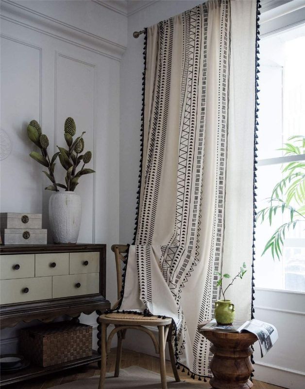 Photo 1 of Bohemian Cotton Linen Window Curtain Panel with Tassels Black Striped Geometric Print Farmhouse Style Cotton Linen Room Curtain Panel for Bedroom Living Room Rod Pocket Top Size 59" x 71"