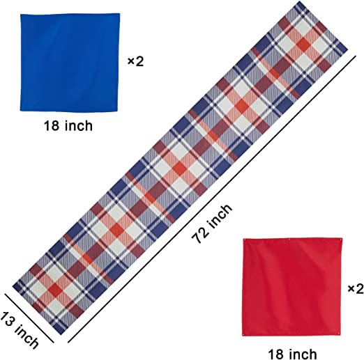 Photo 4 of Red White Blue Table Runner, 4Pcs Red and Blue Napkins, Washable Fabric Patriotic Table Cloth and Napkins for Independence Day Outdoor Use
