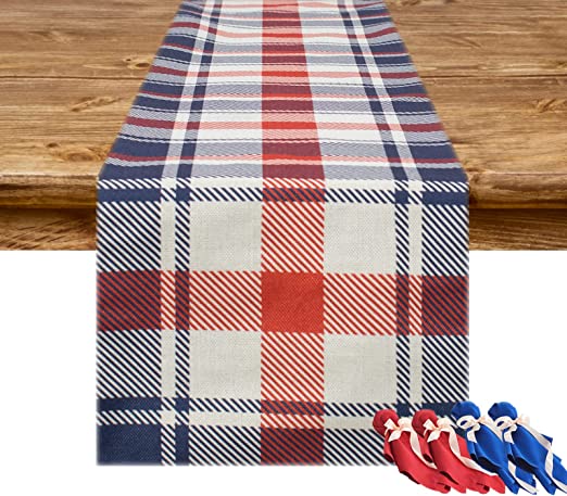 Photo 1 of Red White Blue Table Runner, 4Pcs Red and Blue Napkins, Washable Fabric Patriotic Table Cloth and Napkins for Independence Day Outdoor Use
