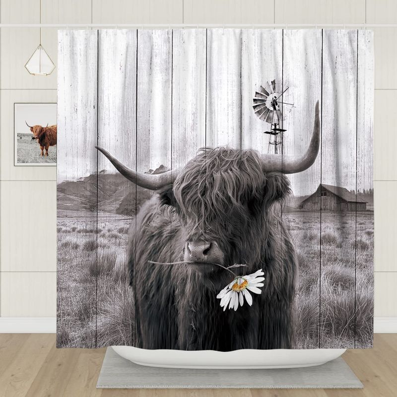 Photo 1 of ACOLSET Highland Cow Shower Curtain Grey Rustic Farmhouse Shower Curtain Longhorn Animal Funny Shower Curtain Polyester 72x72 Inch
