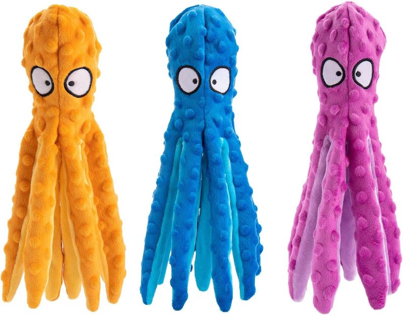 Photo 1 of 3 Pack Dog Squeaky Octopus Toys- No Stuffing Plush Toy with Sounding Crinkle Paper and Squeaker Inside Pet Puppy Dog Chew Toys for Interactive Training Games Playing (12.6”, Orange & Blue & Purple)
