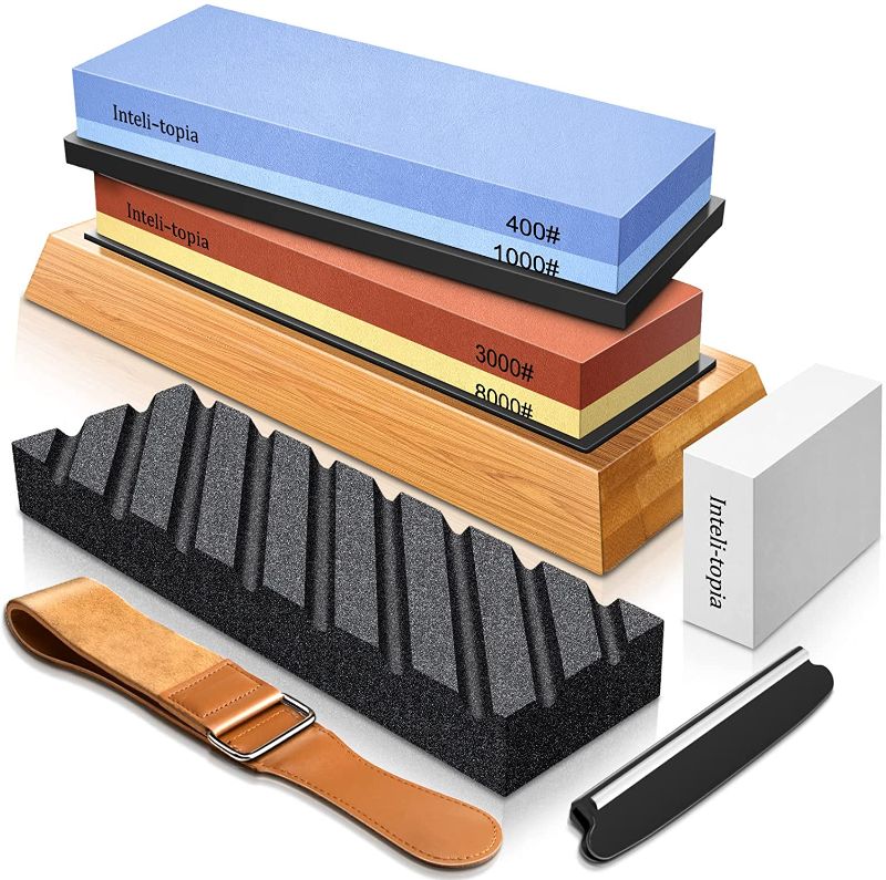 Photo 1 of Complete Knife Sharpening Stone Set – Dual Grit Whetstone 400/1000 3000/8000 Premium Whetstone Knife Sharpener with Leather Strop, Flattening Stone, Bamboo Base, 3 Non-slip Rubber Bases & Angle Guide