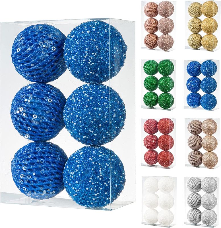 Photo 1 of 3.94 Inch Christmas Balls Set of 8, Glitter Sequin Foam Balls Shatterproof Xmas Tree Decorations Hanging Balls Set for Wedding Party Decorations (Sapphire)
