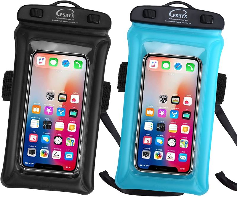 Photo 1 of PSHYX Waterproof TPU Floating Cell Phone Case, Phone Dry Bag, Universal Waterproof Case with Arm Band and Lanyard for iPhone 12 11 Pro Max xr 8Plus Samsung Galaxy S20 S20+ (Black+Blue, 2 Pack)
