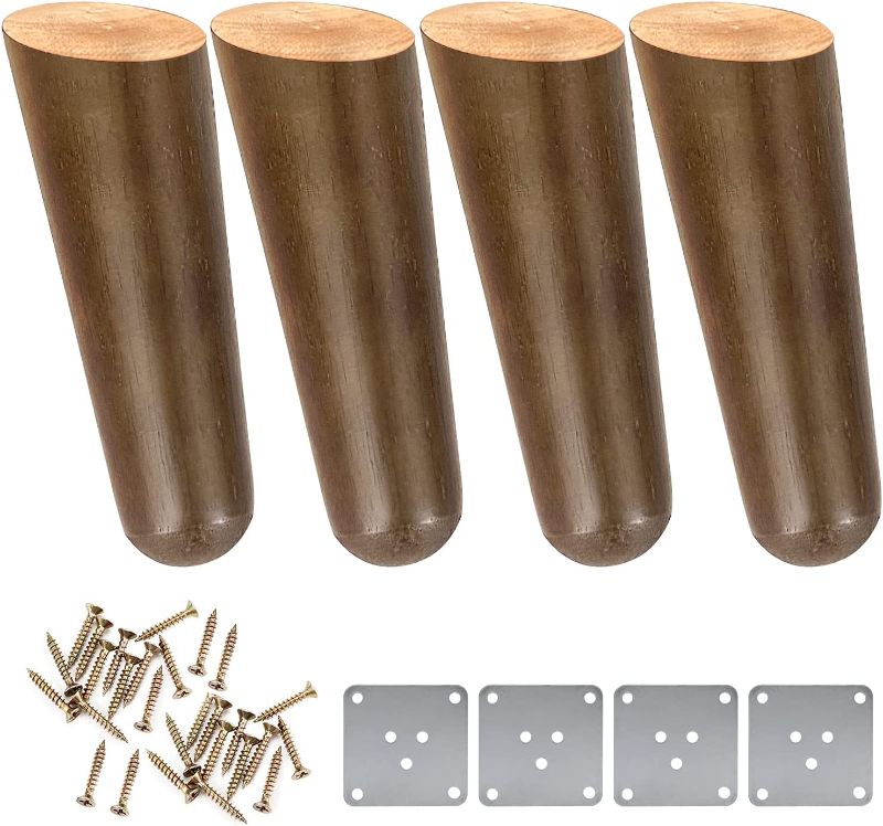 Photo 1 of 4 Inch Furniture Legs, Rubber Wood Sofa Legs for Back Chair, Cabinet, Bench, Sideboard Couch, Set of 4 (Walnut Color)
