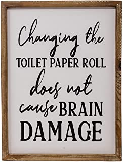 Photo 1 of Cam n Honey Funny Rustic Wood Bathroom Sign - Changing Toilet Paper Roll Doesn't Cause Brain Damage - Farmhouse Home Decor (White) 12 x 16 Inches - Wood Framed Hanging Wall Sign - Decor Signs wall-mounted for bathroom
