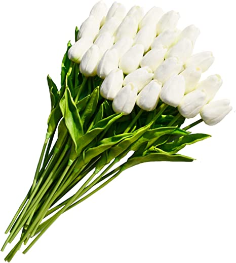 Photo 1 of 30pcs White Flowers Artificial Tulips for Spring Holiday Decoration Centerpieces Home & Kitchen Decoration 14"