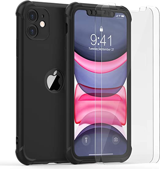 Photo 1 of ORETECH Designed for iPhone 11 Case, with [2 Tempered Glass Screen Protectors] 360° Full Body Shockproof Soft Silicone Hard PC Protection Cover for iPhone 11 (2019) - 6.1 Inch - Black ( 2 pack ) 