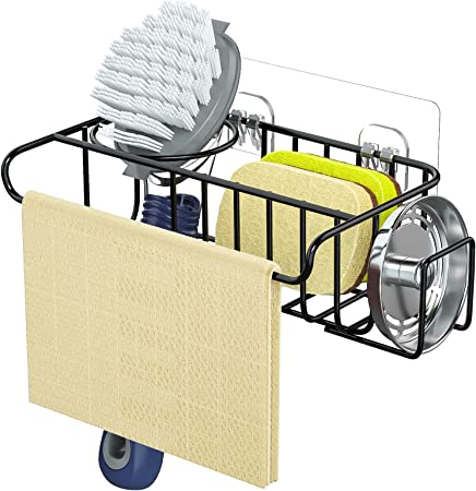 Photo 1 of  4 in 1 Sponge Holder Sink Caddy, SUS304 Stainless Steel Sink Basket Brush Holder + Dish Cloth Hanger + Soap Rack + Sink Stopper Holder with 2 Installation Ways, No Drilling, Black