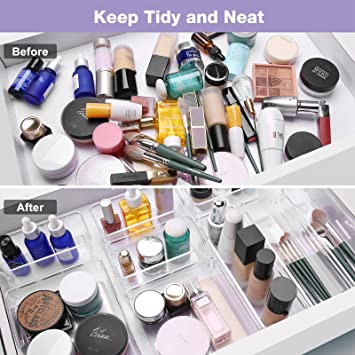 Photo 1 of 9 Pcs Desk Drawer Organizers Trays Set Clear Plastic Storage Bins Bathroom Drawer Tray Dividers Vanity Trays Organizer for Bedroom Dresser Makeup Kitchen Utensil Office