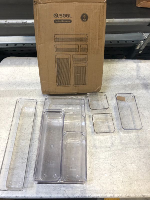 Photo 1 of 9 Pcs Desk Drawer Organizers Trays Set Clear Plastic Storage Bins Bathroom Drawer Tray Dividers Vanity Trays Organizer for Bedroom Dresser Makeup Kitchen Utensil Office