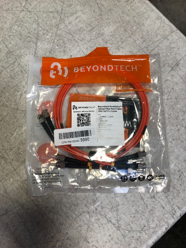 Photo 1 of ST to ST Fiber Patch Cable Multimode Duplex - 1m (3.28ft) - 50/125um OM2 LSZH (2 Pack) - Beyondtech PureOptics Cable Series
