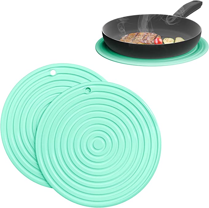 Photo 1 of 2 Pack of 2 Large Silicone Trivets for Hot Dishes, Non-Slip Durable Flexible Trivets Mat for Hot Pots and Pans Heat Resistant Counter Mats for Dining Tables and Countertops (Round Corrugation Mint)
