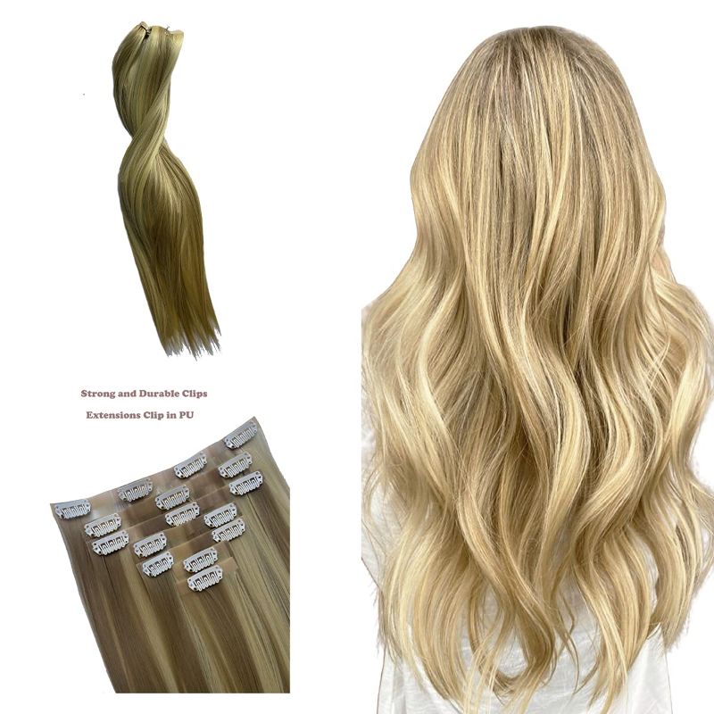 Photo 1 of Belleet PU Seamless Clip in Hair Extensions, Natural Black to Chocolate Brown Remy 7Pcs Wigs for Women (K16/613 Light Blonde Highlighted Golden Blonde, 24 Inch)
